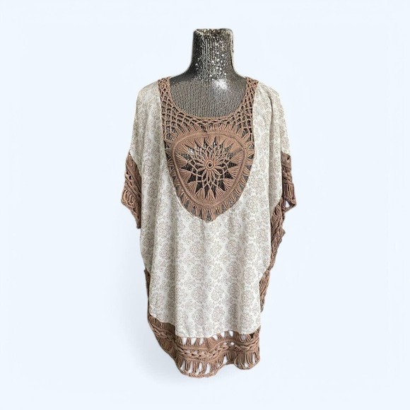 Hyku Boho Crochet Linen Poncho Top Women Large Festival Hippie Lagenlook Rustic - Picture 1 of 8